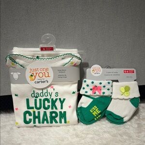 Carter's White Bodysuit and Socks with Green and Pink Accents